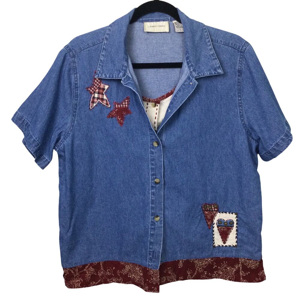 Lemon Grass VTG Chambray Farmcore Patch Short Sleeve Blue Collared Shirt Large